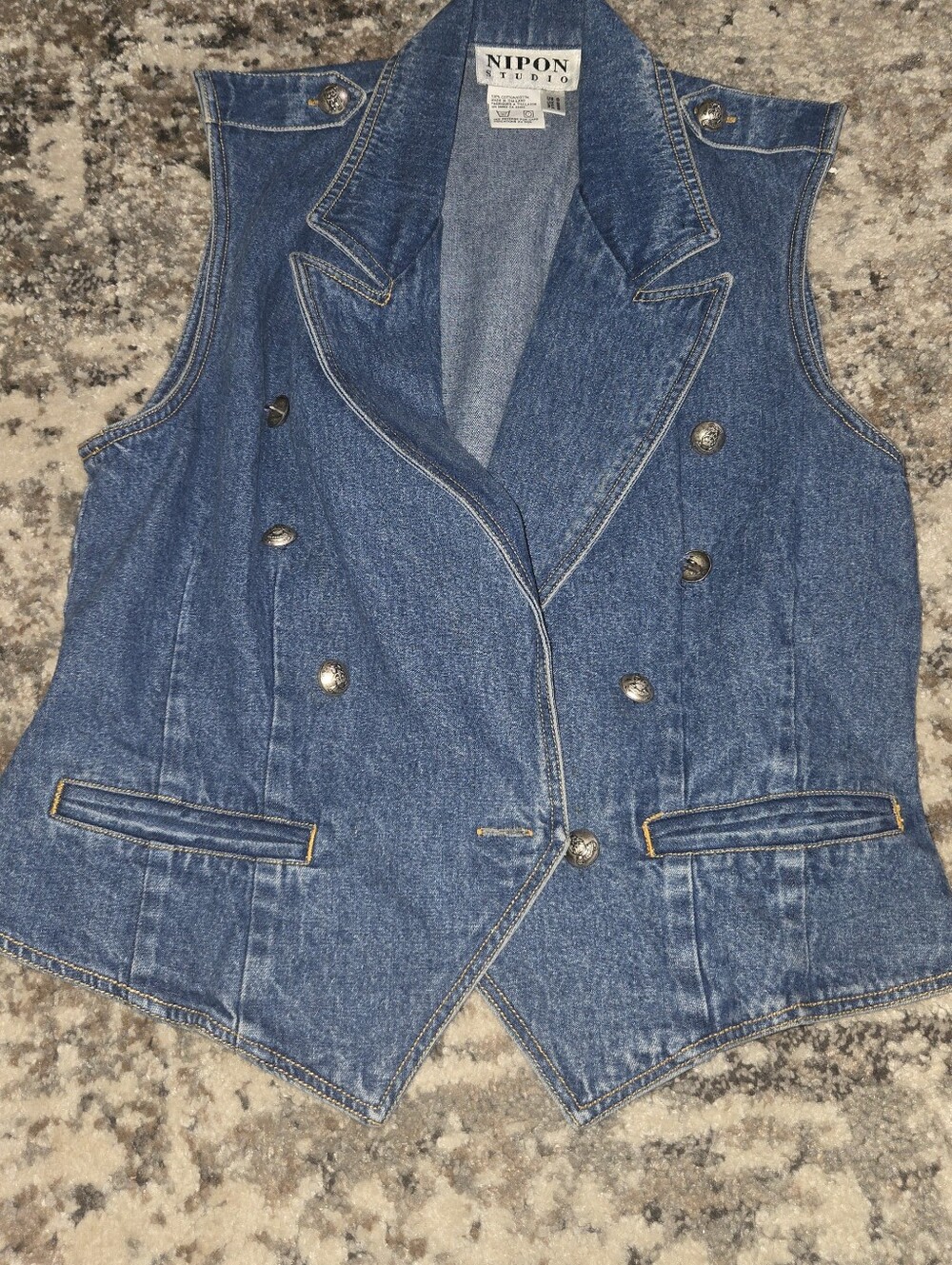 Vintage 90s Nipon Studio Double Breasted Denim Vest Gilet Womens Small Western